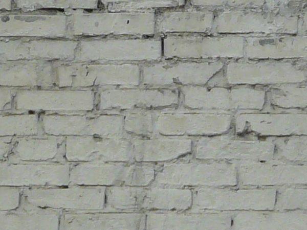 Brick fence texture made up of bricks painted white, with two tall columns made up of similar bricks. Bricks are in various degrees of relief and states of erosion.